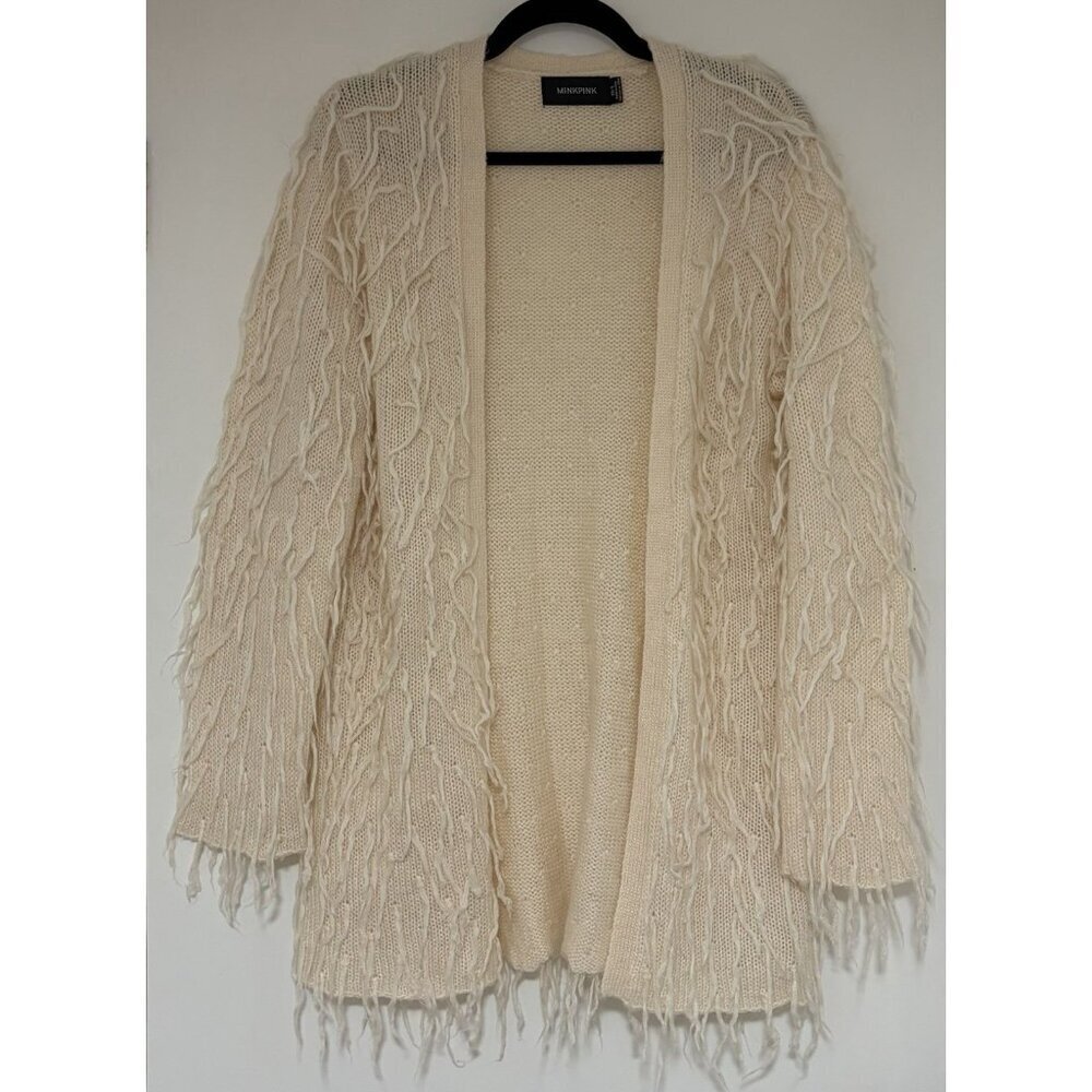 MinkPink Cream Women’s Fringe Relaxed Boho Open Cardigan Sweater Size XS/S